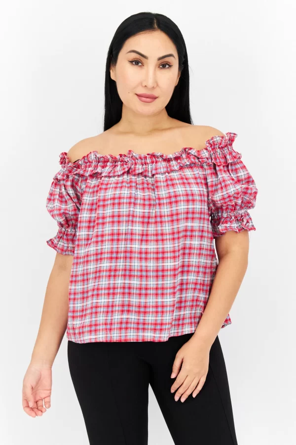 Tommy Hilfiger, Women Off Shoulder Short Sleeve Plaid Top, Red Combo, (S)