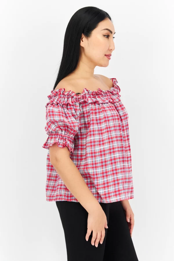Tommy Hilfiger, Women Off Shoulder Short Sleeve Plaid Top, Red Combo, (S)