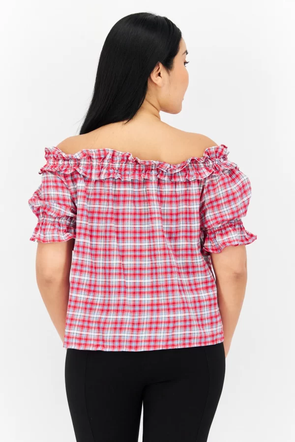 Tommy Hilfiger, Women Off Shoulder Short Sleeve Plaid Top, Red Combo, (S)