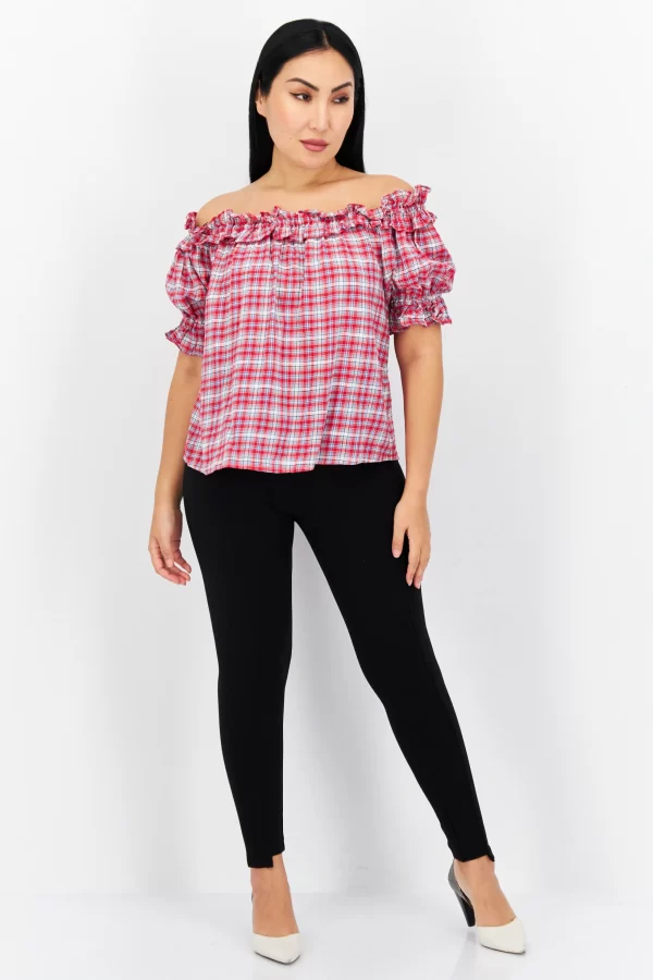 Tommy Hilfiger, Women Off Shoulder Short Sleeve Plaid Top, Red Combo, (S)