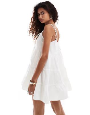 COLLUSION cotton linen tiered sun dress with bunny tie and ring detail, White, UK 12