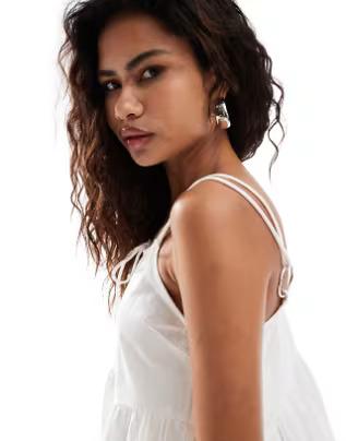 COLLUSION cotton linen tiered sun dress with bunny tie and ring detail, White, UK 12