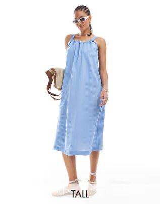 Vero Moda Tall cotton ruched neck maxi dress, Light Blue, Small