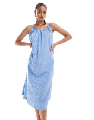 Vero Moda Tall cotton ruched neck maxi dress, Light Blue, Small