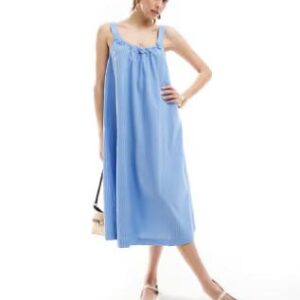 Vero Moda cotton ruched neck maxi dress, Light Blue, XXS