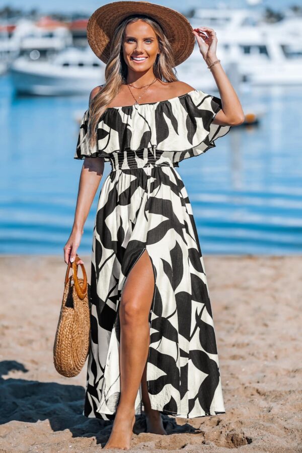 Black & White Tropical Off-Shoulder Maxi Dress (M)