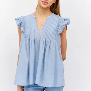 Espirit, Women V Neck Cap Sleeve Textured Top, Light Blue (M)