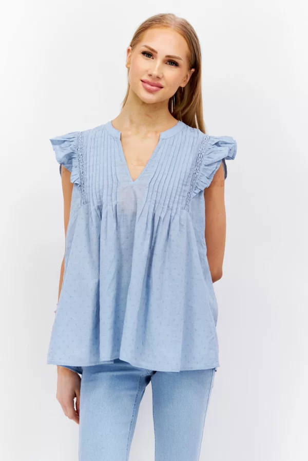 Espirit, Women V Neck Cap Sleeve Textured Top, Light Blue (M)