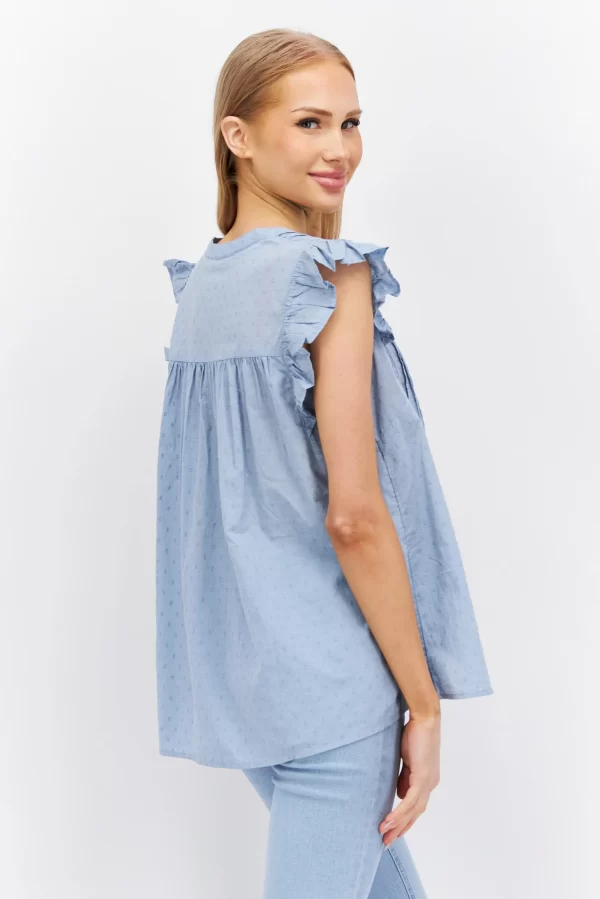 Espirit, Women V Neck Cap Sleeve Textured Top, Light Blue (M)