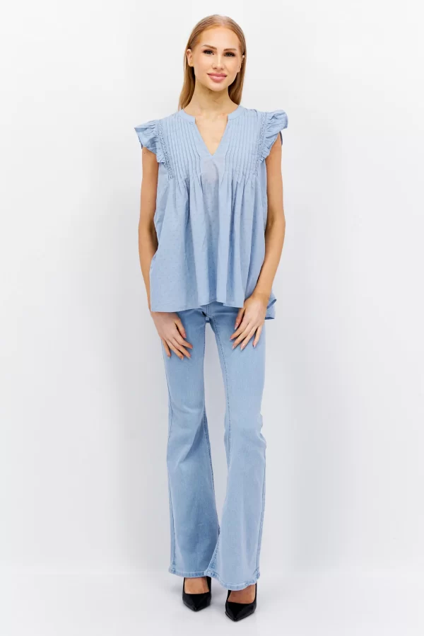 Espirit, Women V Neck Cap Sleeve Textured Top, Light Blue (M)