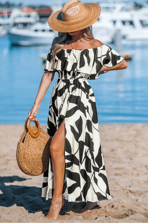 Black & White Tropical Off-Shoulder Maxi Dress (M)