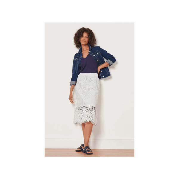 Tchibo, Women Eyelet Embroidery Midi Skirt, White,Size: 40(M)