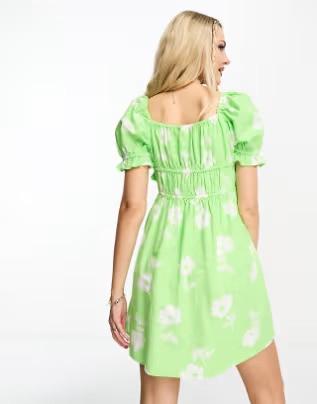Miss Selfridge linen look milkmaid mini tea dress, Green Floral, UK 6