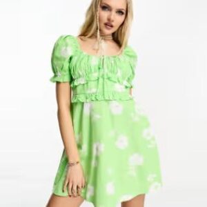Miss Selfridge linen look milkmaid mini tea dress, Green Floral, UK 6