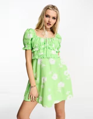 Miss Selfridge linen look milkmaid mini tea dress, Green Floral, UK 6