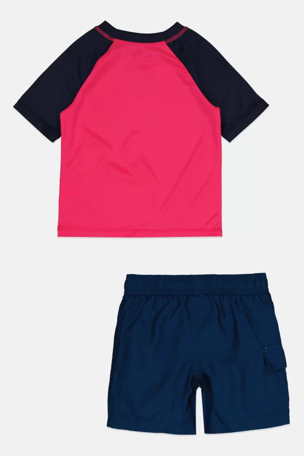 Reebok, Kids Girl 2 Pcs Brand Logo Rash Guard And Broad Shorts Set, Pink/Navy, 7-8 Y