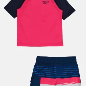Reebok, Kids Girl 2 Pcs Brand Logo Rash Guard And Broad Shorts Set, Pink/Navy, 7-8 Y