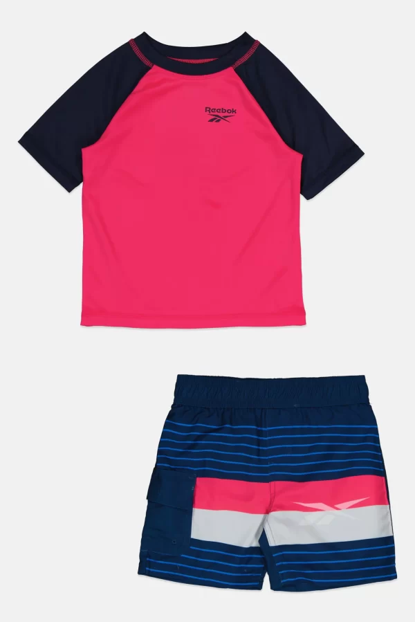 Reebok, Kids Girl 2 Pcs Brand Logo Rash Guard And Broad Shorts Set, Pink/Navy, 7-8 Y