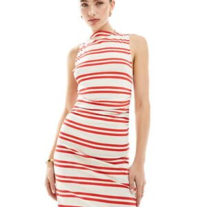 Boat neck mini dress with ruched sides in red and white. Size:UK8
