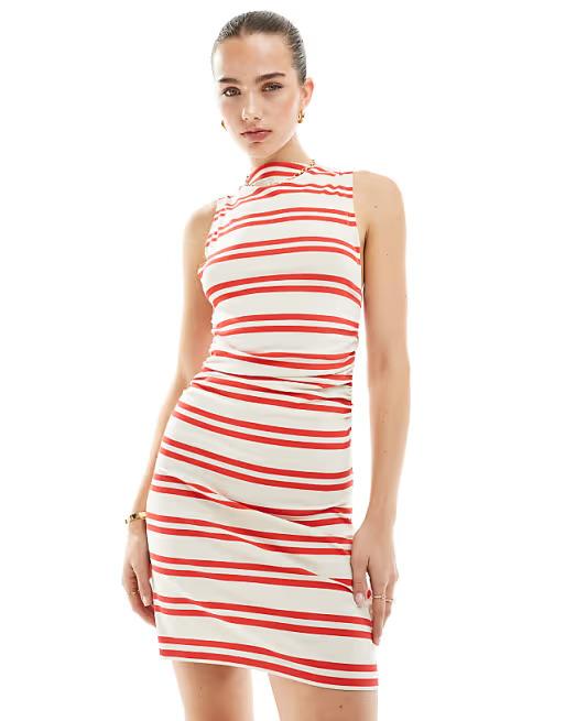 Boat neck mini dress with ruched sides in red and white. Size:UK8