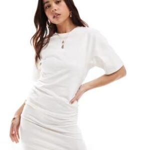Crew neck mini t shirt dress with ruched sides in ivory. Size:UK8
