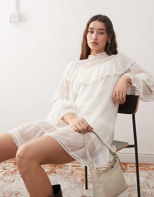 Miss Selfridge Chiffon frill smock dress in Ivory. Size: UK 8