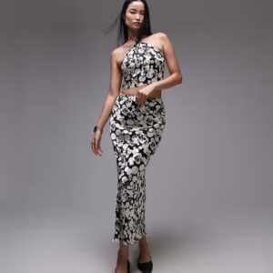Topshop co-ord satin maxi skirt in mono floral. Size: UK 8