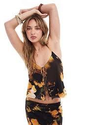 Miss Selfridge mesh floral tie front halter neck top. Size: M