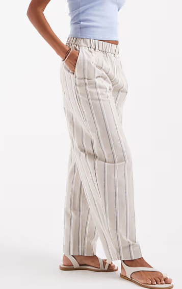 Linen look barrel trousers in neutral stripe, S