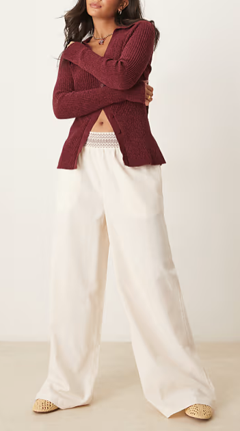 linen blend pull on wide leg trousers with shirred waist detail in cream with brown, XS