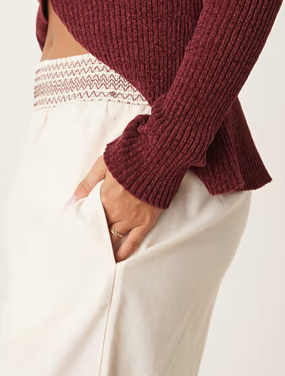 linen blend pull on wide leg trousers with shirred waist detail in cream with brown, XS