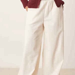 linen blend pull on wide leg trousers with shirred waist detail in cream with brown, XS