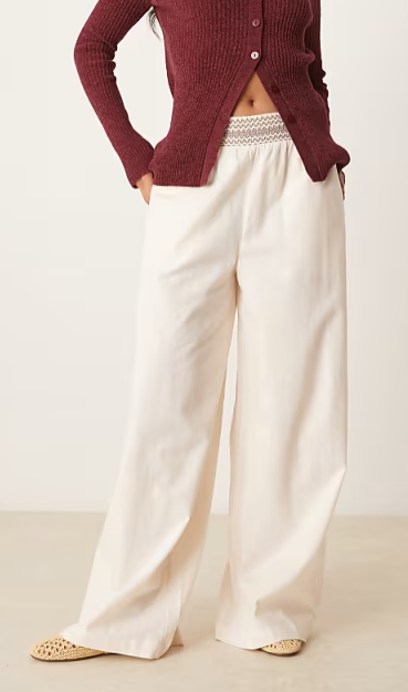 linen blend pull on wide leg trousers with shirred waist detail in cream with brown, XS