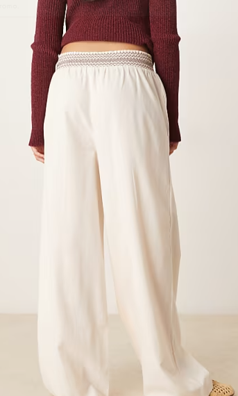 linen blend pull on wide leg trousers with shirred waist detail in cream with brown, XS
