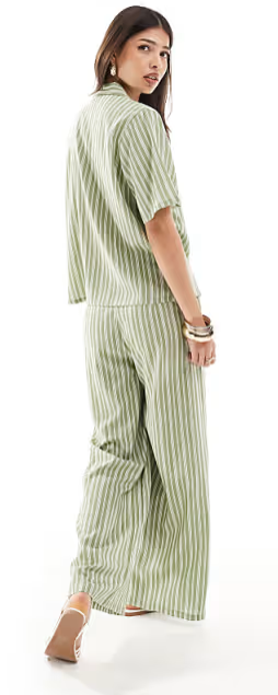 Wednesday's Girl striped linen look trousers in sage green, XS