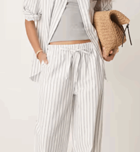 Linen look pull on trousers co-ord in black stripe. XS