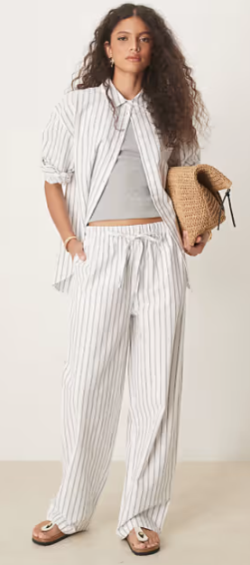 Linen look pull on trousers co-ord in black stripe. XS