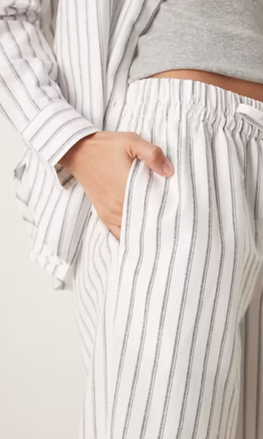 Linen look pull on trousers co-ord in black stripe. XS