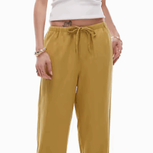 Topshop mid rise linen awkward length trouser in mustard. XS
