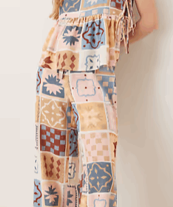 Linen blend tie front wide leg trouser in tile print, M