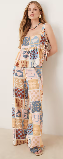 Linen blend tie front wide leg trouser in tile print, M