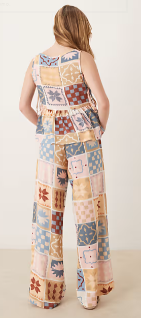 Linen blend tie front wide leg trouser in tile print, M