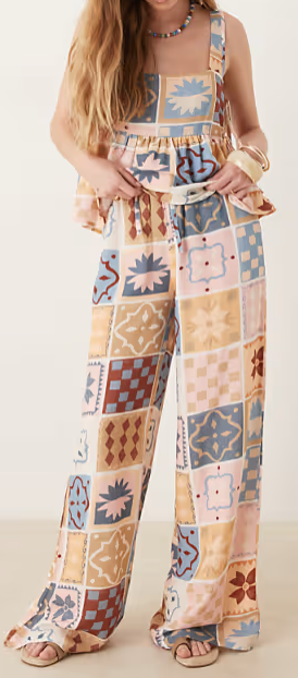 Linen blend tie front wide leg trouser in tile print, M