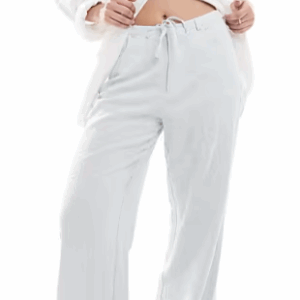 Stradivarius linen look embroidery detail trouser in blue, XS