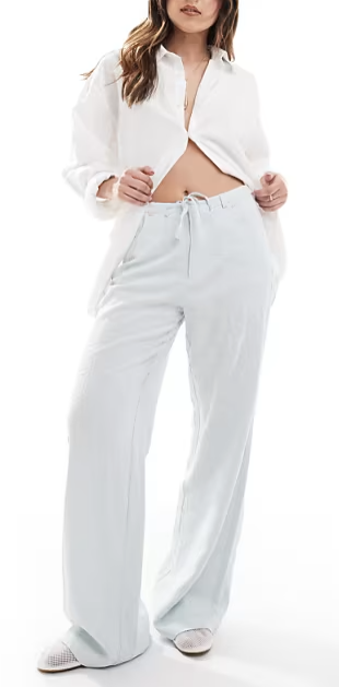 Stradivarius linen look embroidery detail trouser in blue, XS