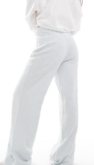 Stradivarius linen look embroidery detail trouser in blue, XS