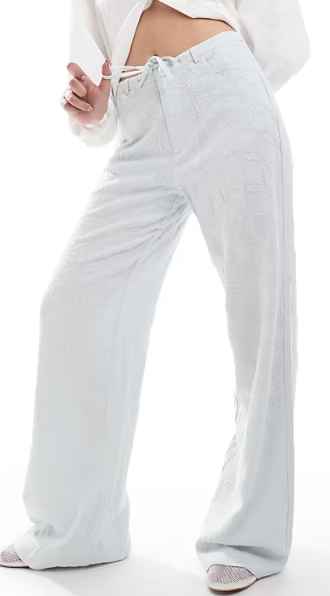 Stradivarius linen look embroidery detail trouser in blue, XS