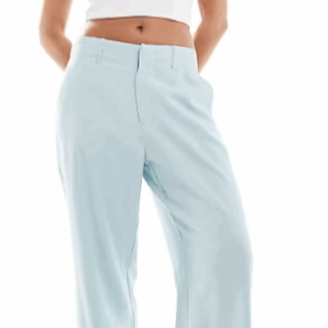 Stradivarius low waist linen look tailored trouser in pale blue, M