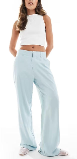 Stradivarius low waist linen look tailored trouser in pale blue, M
