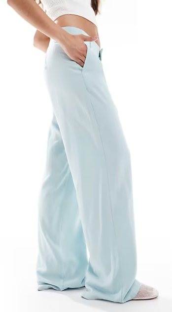 Stradivarius low waist linen look tailored trouser in pale blue, M